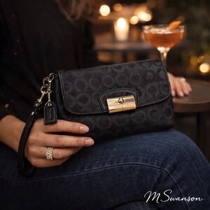 Coach Kristen Lurex Signature C Op Art Wristlet Clutch Black Jacquard